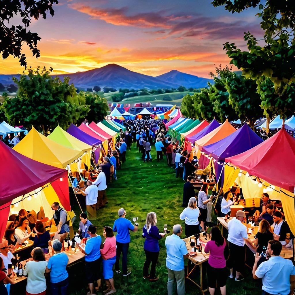 A lively wine festival scene featuring diverse groups of people toasting with glasses of wine amidst colorful tents and stalls. Incorporate elements of wine education with a chalkboard displaying wine trivia, grapes, and vineyard decorations. The atmosphere should be warm and inviting, capturing joy and connection. A sunset in the background enhances the ambiance. vibrant colors. super-realistic. 