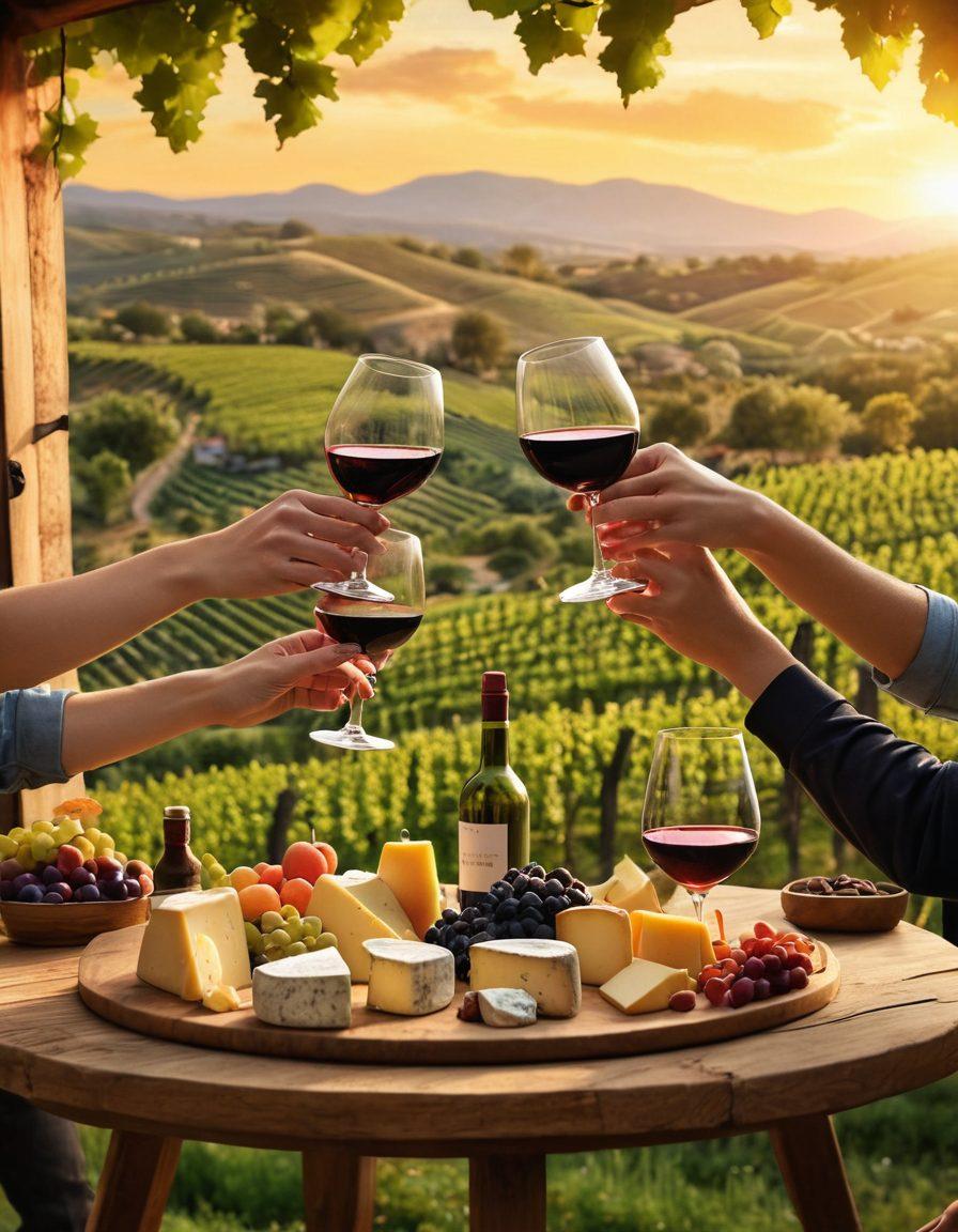 A beautifully arranged wine tasting scene featuring diverse people clinking wine glasses, surrounded by lush vineyards and barrels of wine. Include a backdrop of rolling hills and a sunset, evoking warmth and camaraderie. Showcase various wine bottles with distinct labels, and a table laden with gourmet cheese and fruits. Emphasize a sense of joy and community. super-realistic. vibrant colors. sunset ambiance.