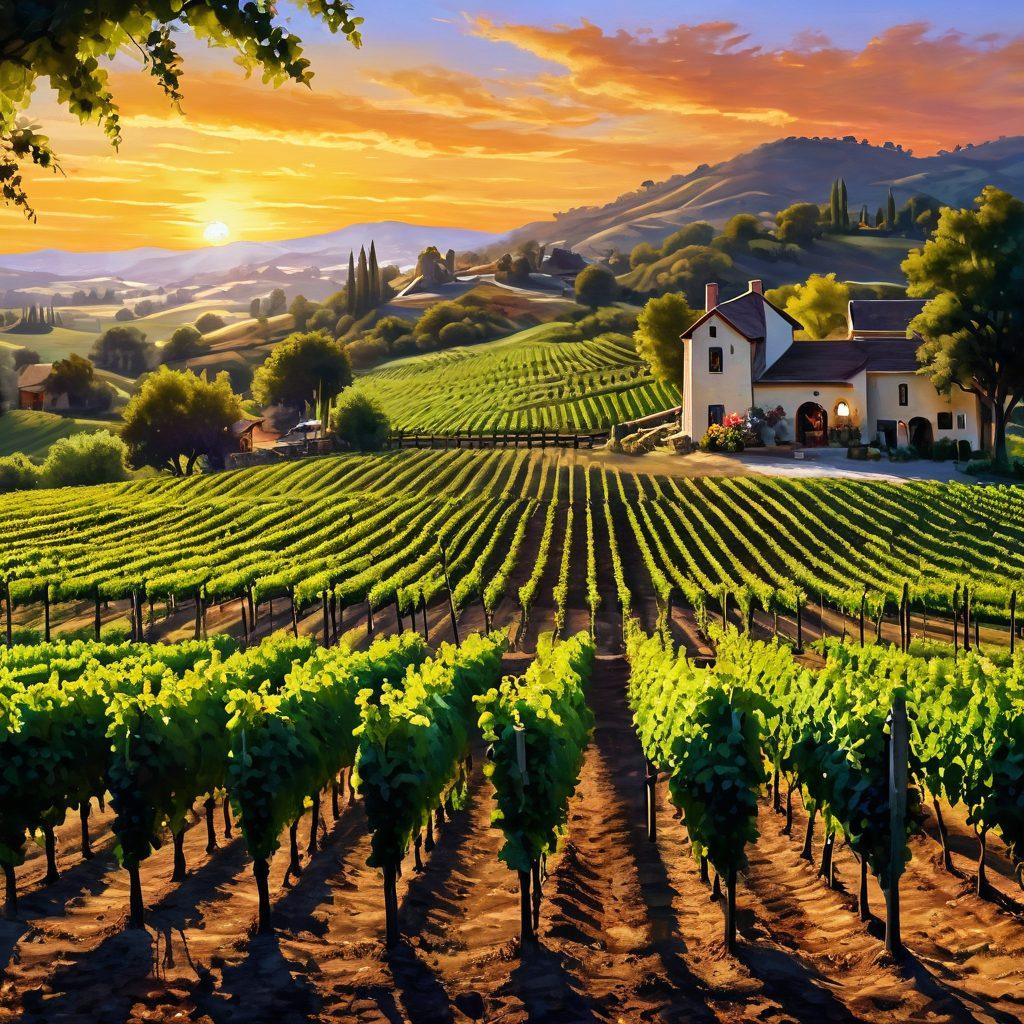 A picturesque vineyard at sunset with rows of lush green grapevines leading to a rustic winery. Include a skilled vintner gracefully pouring wine into elegant glasses, a backdrop of rolling hills, and grape clusters in close-up. Capture the warm glow of the setting sun reflecting off the wine bottles. Painting-like style with vibrant colors. Romantic ambiance.